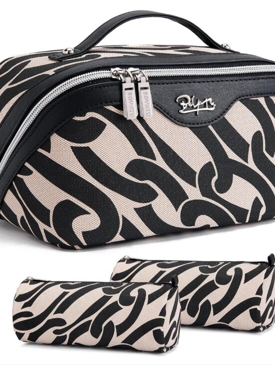 Boyatu Handbags - Black & Cream Printed Cosmetic Travel Organizer